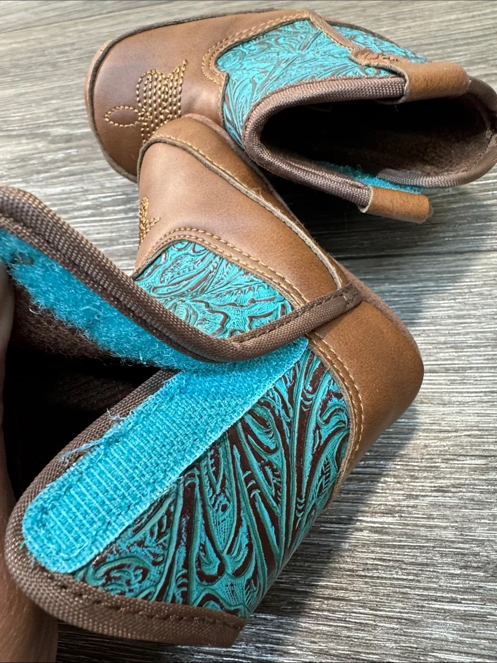 Ariat Brown and Teal Embossed baby Western Booties